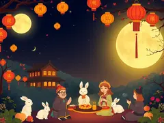 中秋節慶祝活動 圓月下的月餅與燈籠