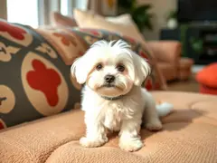 The small Maltese dog is playing in a comfortable living environment.