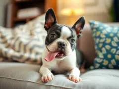 The Boston Terrier is playing in a comfortable home environment.