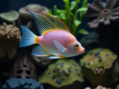 The angelfish in the aquarium swims in its natural environment.