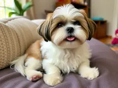 The adorable Shih Tzu relaxes in a comfortable living space.