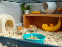 Display of comfortable living space and healthy diet for mini hamsters.