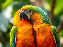 Amazon parrots spread their wings and fly with vibrant feathers and social interaction.