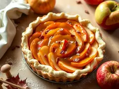 The process of making autumn apple tart, combining caramel apples with golden flaky pastry.