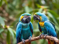 Blue macaws interacting in a natural environment.