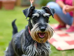 Behavior training demonstration of a Schnauzer in a social environment.