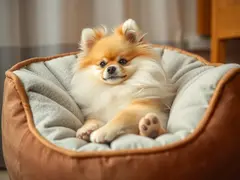 Pomeranian dogs interacting and playing in a comfortable resting area.