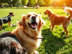 Cenário de um parque onde um golden retriever interage e brinca com outros cães sob a luz do sol.