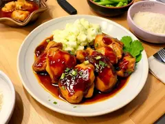 Imagem de um delicioso jantar em família com frango teriyaki à moda japonesa.