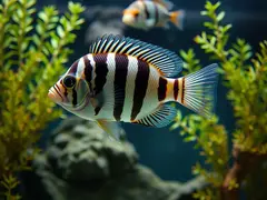 The zebra fish in the aquarium swim in their natural environment.