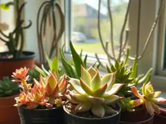 Succulent plants arranged indoors under sunlight.