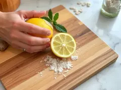 Limão e sal limpam a tábua de cortar, deixando a cozinha fresca, natural e sem poluição.