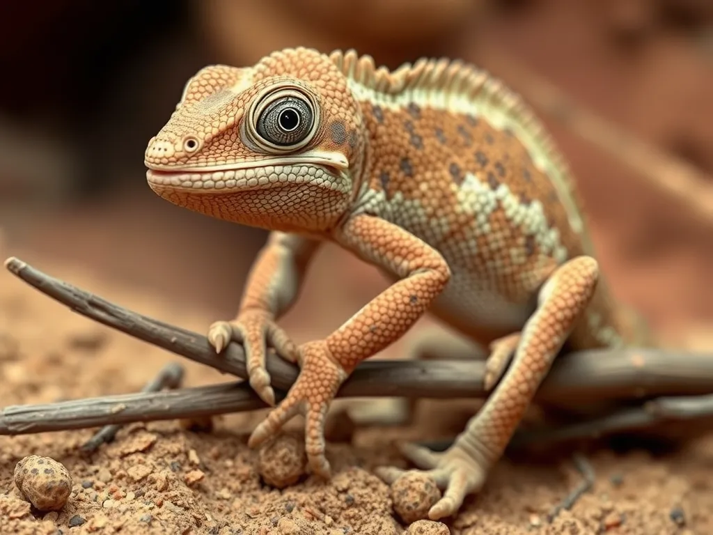 The desert chameleon preys on insects and plants in dry environments.