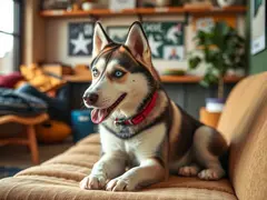 The husky is playing and exercising in a comfortable environment.