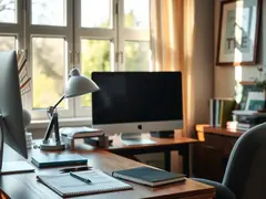 O escritório confortável está ensolarado, com um computador e um caderno na mesa, criando um ambiente de finanças.